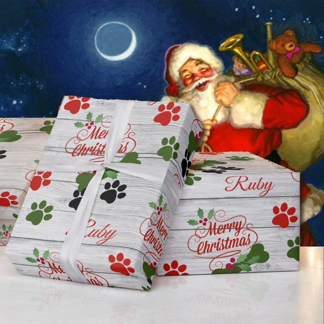 Papier Cadeau Joyeux chien de Noël ajouter nom os & pawprints en (Créateur téléchargé)
