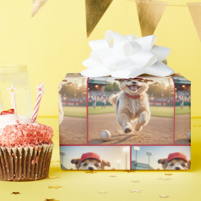 Papier Cadeau Joyeux Chiot Coureur Sur Un Terrain De Baseball (Fête d'anniversaire)
