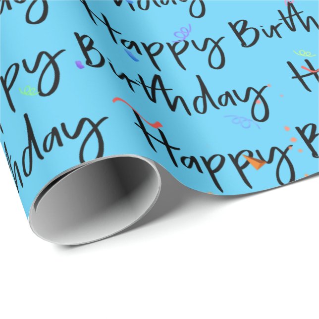 Papier Cadeau Joyeux Confetti d'anniversaire sur Aqua (Coin rond)