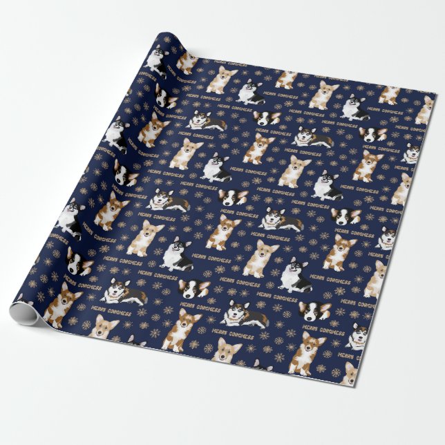 Papier Cadeau Joyeux Corgmess - Noël Corgi bleu motif (Déroulé)