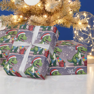Papier Cadeau Joyeux dinosaure de Noël avec présent