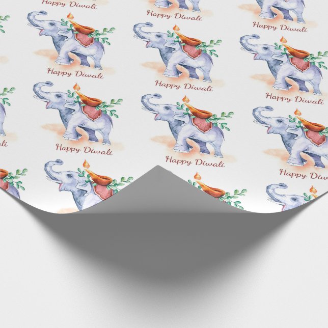 Papier Cadeau Joyeux Diwali avec Diya et Elephant (Coin)