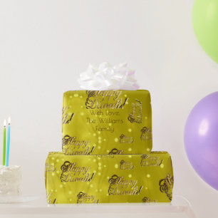 Papier Cadeau Joyeux Diwali Elégant Faux Gold Foil Script Jaune