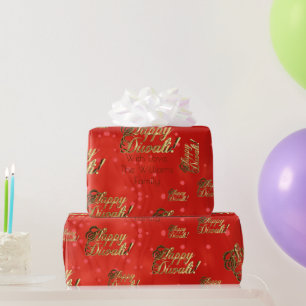Papier Cadeau Joyeux Diwali Elegant Faux Gold Foil Script Rouge