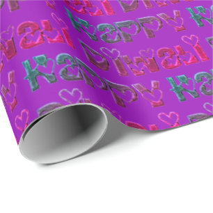 Papier Cadeau Joyeux Diwali Salutation Coeurs mignons Pink Purpl