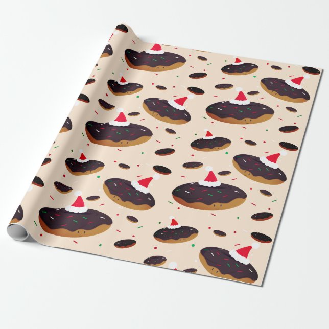Papier Cadeau Joyeux Donut Santa Hats Motif Chocolat Frosting (Déroulé)
