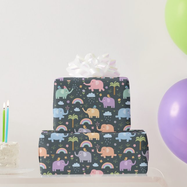 Papier Cadeau Joyeux Eléphants Oiseaux de nuit Ciel nuages Rainb (Cadeaux de fête)
