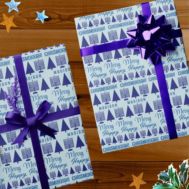 Papier Cadeau Joyeux Enfants interconfessionnels de la Marine No (Add a child's name to this fun Chrismukkah wrapping paper perfect for interfaith holiday families)