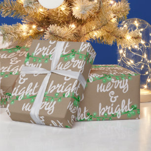 Papier Cadeau Joyeux et vert brillant Feux d'arbre de Noël Kraft