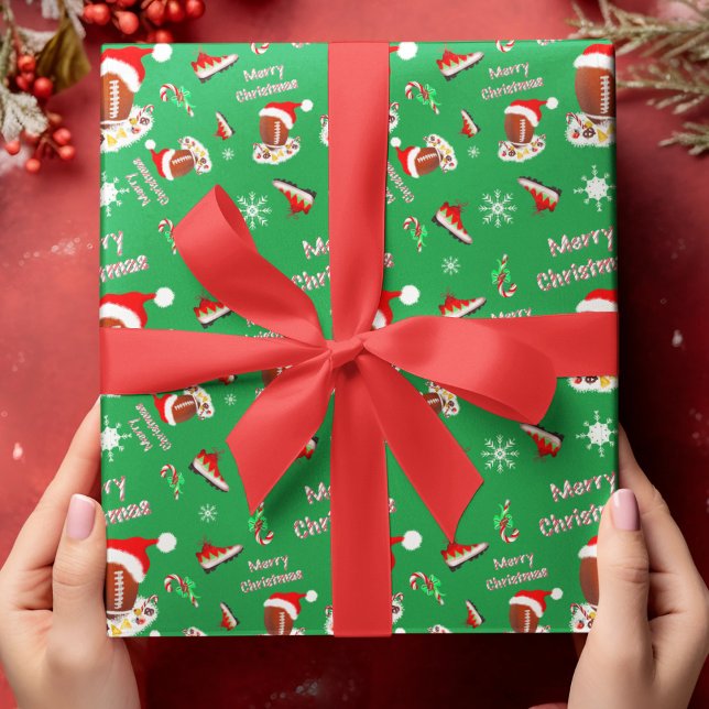 Papier Cadeau Joyeux Football de Noël avec Motif Snack (Score a touchdown of joy with football-themed holiday wrapping paper!)