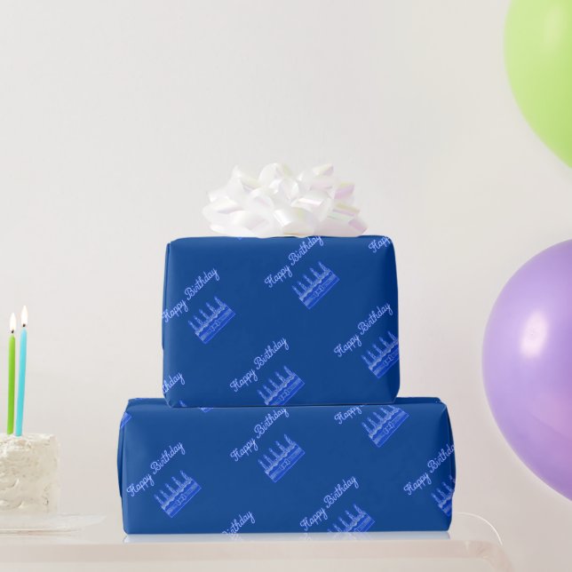 Papier Cadeau Joyeux gâteau d'anniversaire Neon Bleu Signet Text (Cadeaux de fête)