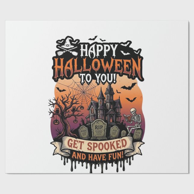 Papier Cadeau Joyeux Halloween Vous Maison Hantée Squelette Chau (Plat)