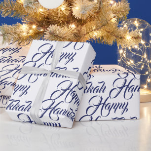 Papier Cadeau Joyeux Hanoukka blanc et bleu marine élégant scrip