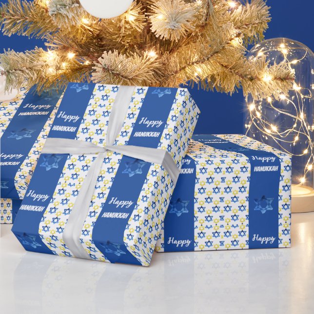 Papier Cadeau Joyeux Hanukkah Aquarelle Étoiles de David  (Vacances)