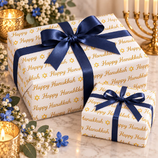 Papier Cadeau Joyeux Hanukkah Étoile de David en écriture dorée