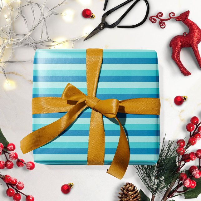 Papier Cadeau Joyeux Hanukkah | motif rayé bleu et sarcelle (Créateur téléchargé)