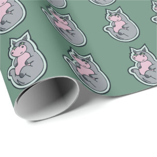 Papier Cadeau Joyeux Hippo gris avec dessin Turquoise
