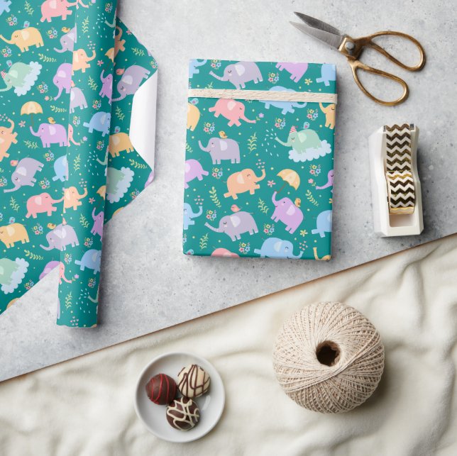 Papier Cadeau Joyeux Jardin des éléphants avec Parapluies Fleurs (Artisanat)