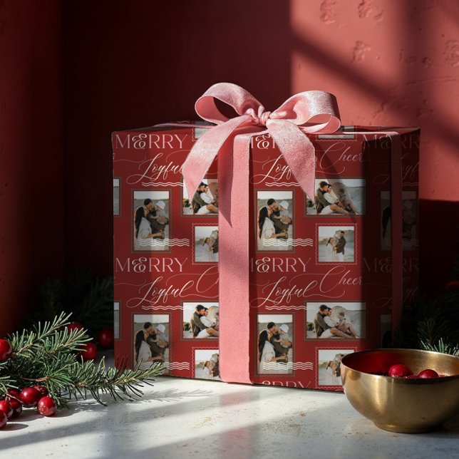 Papier Cadeau Joyeux Joyful Cheer Wavy Retro Modern Photo Collag (Merry Joyful Cheer Wavy Retro Modern Photo Collage Wrapping Paper)