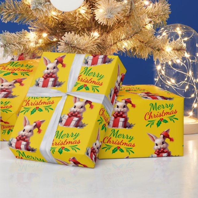 Papier Cadeau Joyeux lapin de Noël jaune (Vacances)