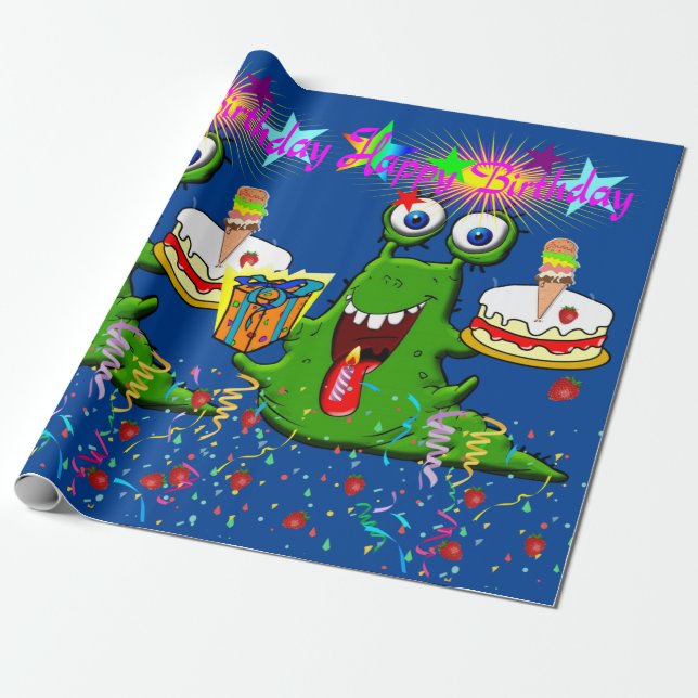 Papier Cadeau Joyeux Monstre Papier Enveloppant Anniversaire (Déroulé)