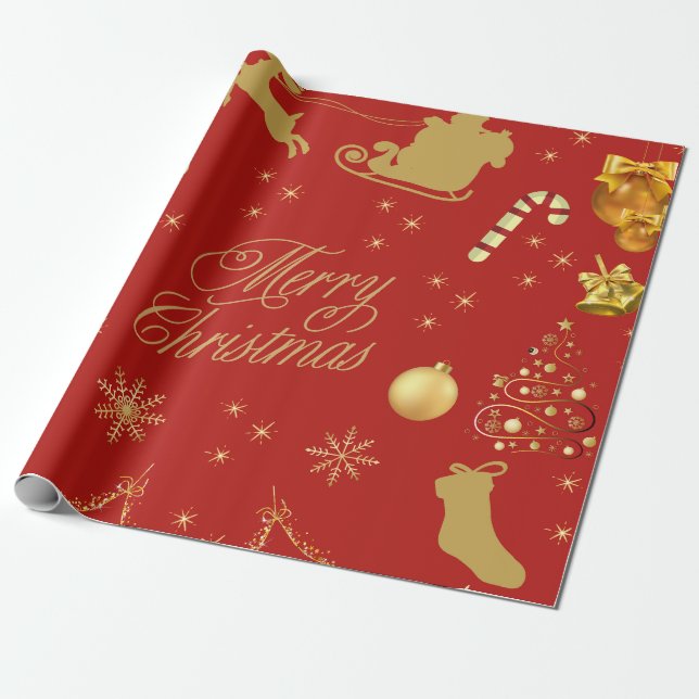 Papier Cadeau Joyeux motif de Noël rouge et or (Déroulé)