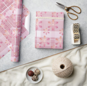 Papier Cadeau Joyeux Noël à carreaux rose Flocons de neige 