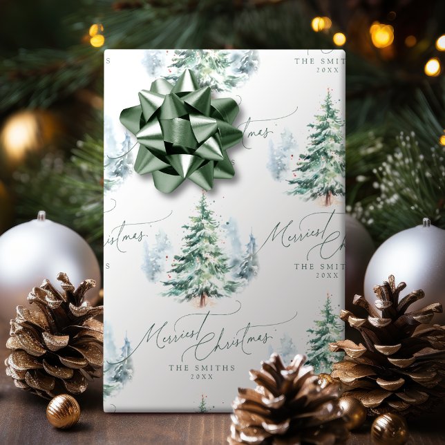Papier Cadeau Joyeux Noël à l'écriture moderne de pin (Modern Script Pine Tree Merriest Christmas Wrapping Paper)
