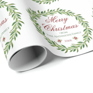 Papier Cadeau Joyeux Noël Aquarelle famille Wreath