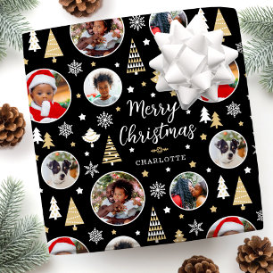 Papier Cadeau Joyeux Noël Arbres Snowflakes Photo Black