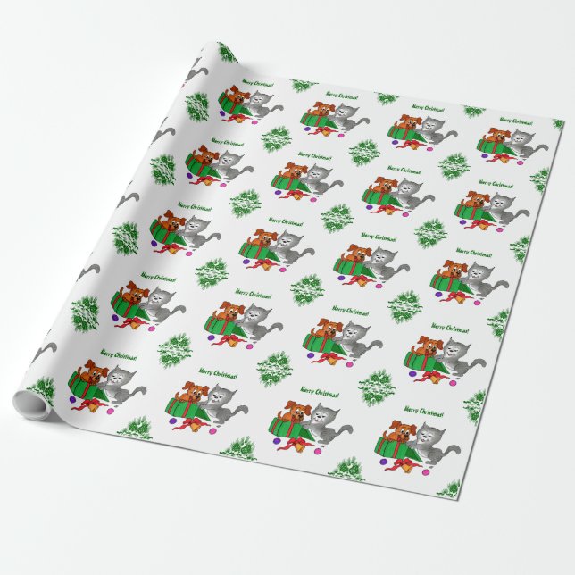 Papier Cadeau Joyeux Noël avec chat et chien (Déroulé)