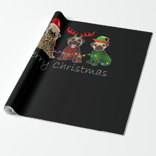 Papier Cadeau Joyeux Noël avec trois chiens carlins