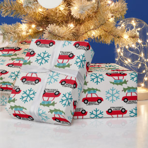 Papier Cadeau Joyeux Noël avec un arbre vintage de voiture prése