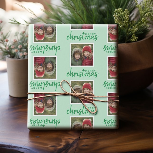Papier Cadeau Joyeux Noël avec une photo Carré blanc vert (Personalized Photo Wrapping Paper)