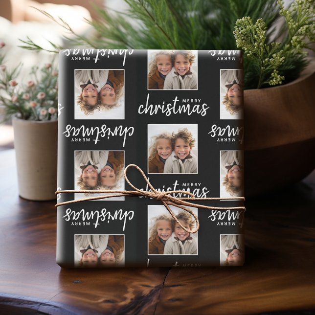 Papier Cadeau Joyeux Noël avec une photo Carré - noir (Personalized wrapping paper with one photo)