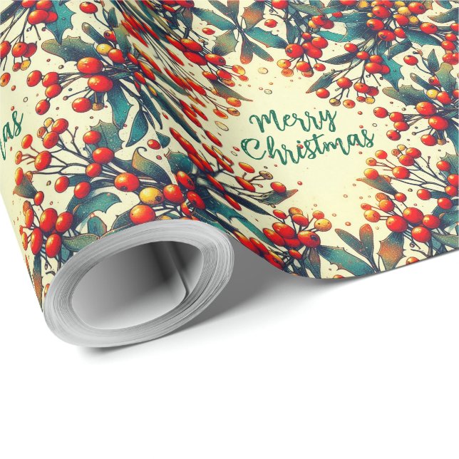 Papier Cadeau Joyeux Noël Baies rouges Gui vintage  (Coin rond)