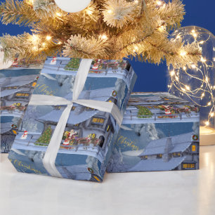 Papier Cadeau Joyeux Noël Belle scène d'hiver avec Père Noël
