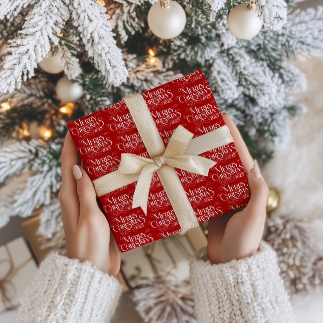 Papier Cadeau Joyeux Noël blanc Festif Retro Typographie (Créateur téléchargé)