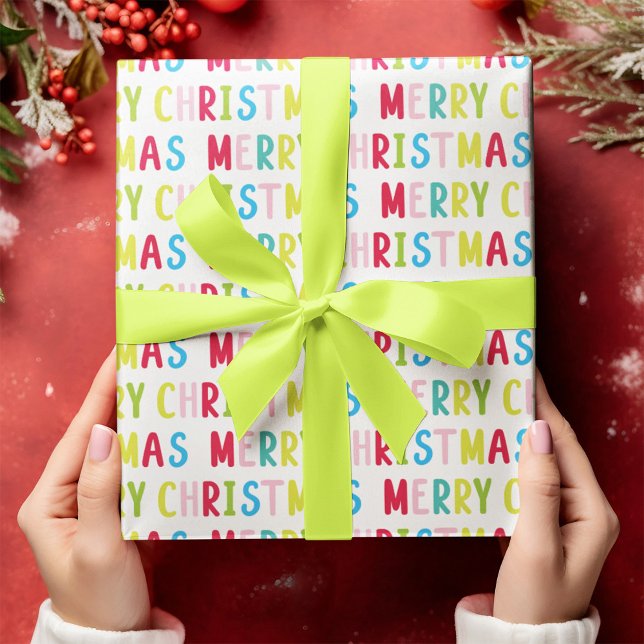 Papier Cadeau Joyeux Noël blanc Texte Multicolor (Merry Christmas White Background Wrapping Paper)