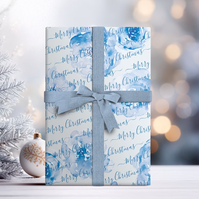 Papier Cadeau Joyeux Noël bleu personnalisé Script floral (Blue Personalized Merry Christmas Script Floral Wrapping Paper)