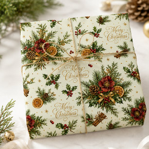Papier Cadeau Joyeux Noël Botanique Luxueux Écriture Sage Crème