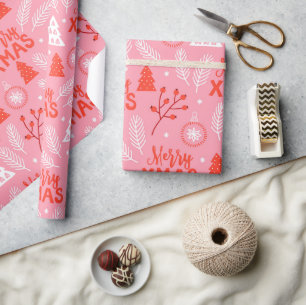 Papier Cadeau Joyeux Noël Botanique Rose-Rétro