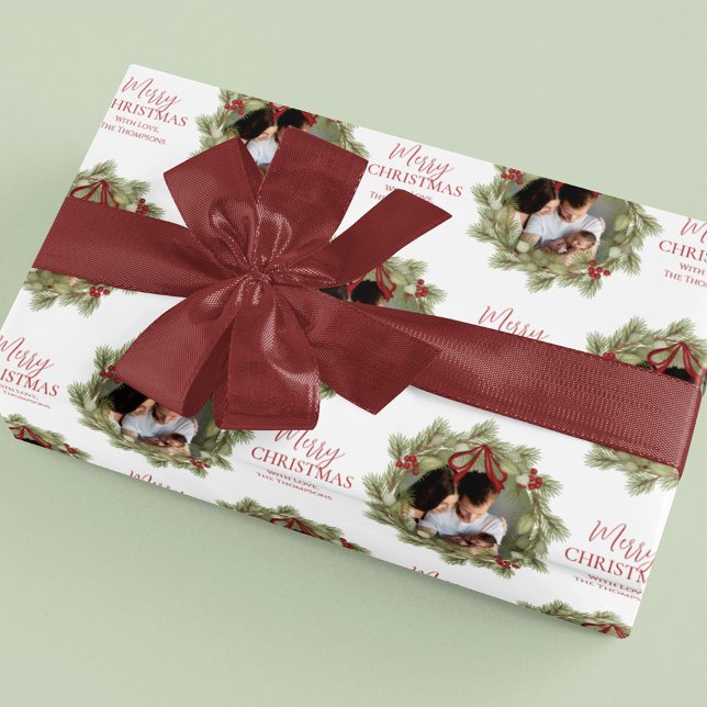 Papier Cadeau Joyeux Noël Botanique Vacances d'hiver Wreath (Merry Christmas holiday greenery photo wreath wrapping paper)