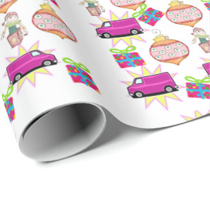 Papier Cadeau Joyeux Noël Boules rose Voiture papier enveloppant