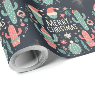 Papier Cadeau Joyeux Noël cactus en pot Santa