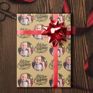 Papier Cadeau Joyeux Noël Calligraphie Photo Rond Or