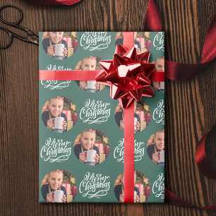 Papier Cadeau Joyeux Noël Calligraphie Rond Photo Vert
