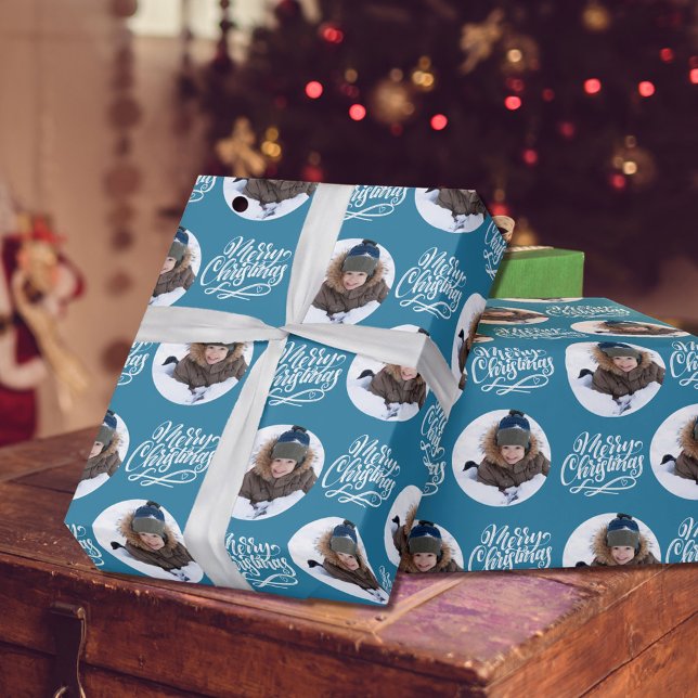 Papier Cadeau Joyeux Noël Calligraphie ronde Bleu (Créateur téléchargé)