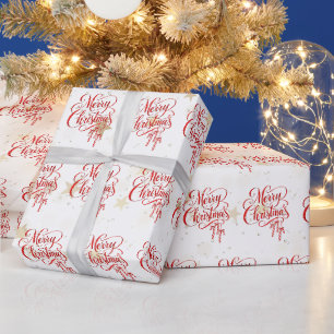 Papier Cadeau Joyeux Noël calligraphié rouge avec des étoiles