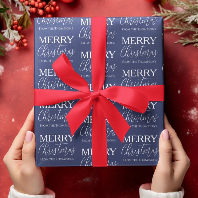 Papier Cadeau Joyeux Noël Calligraphie Script Bleu Whimsical (Merry Christmas calligraphy script navy blue wrapping paper)